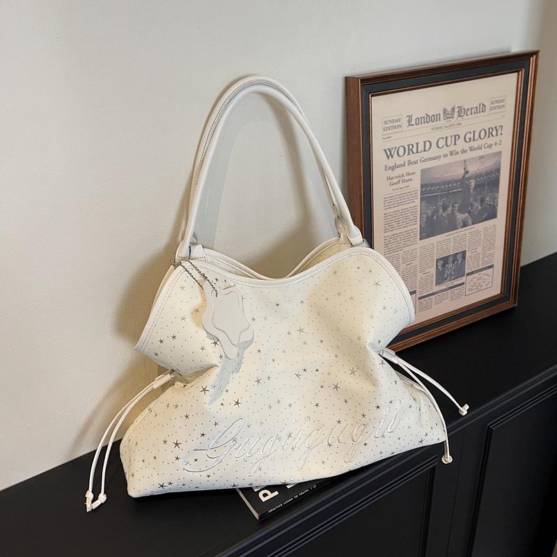 Star Print Tote Bag for Women Fashion Handbag with Star Charm Drawstring Detail