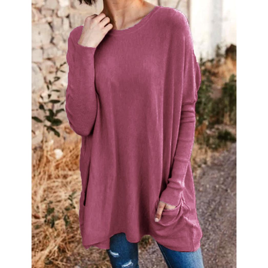 

Весенне-осенняя футболка с длинным рукавом и круглым вырезом, повседневные однотонные женские свободные футболки с карманами 4XL