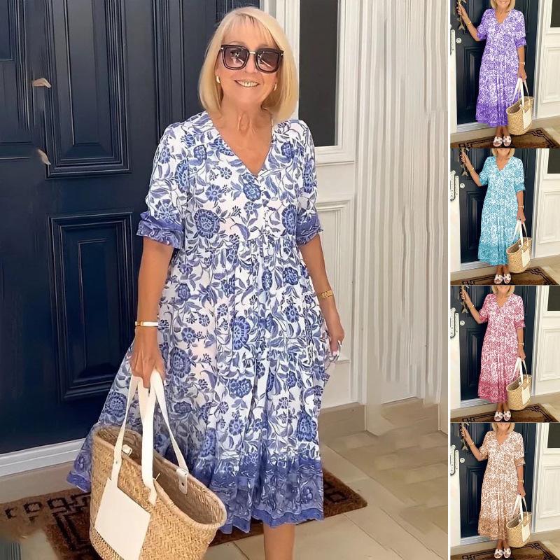 

2025 new large size super fairy V-neck floral dress seaside vacation beach skirt loose wild long skirt 23004 S хакі