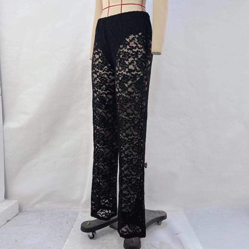 Sexy Damen Spitzenhose Transparent Gothic Hohe Taille Weites Bein Schlaghose Damen Schlaghose Club Streetwear