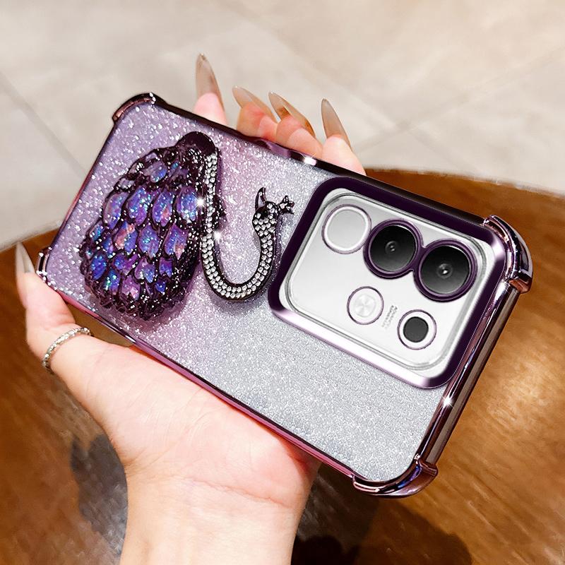 KEYSION Shockproof Plating Phone Case for VIVO Y29 4G Clear Soft TPU Glitter Jewelled Swan Kickstand Back Cover for IQOO Z10X 5G