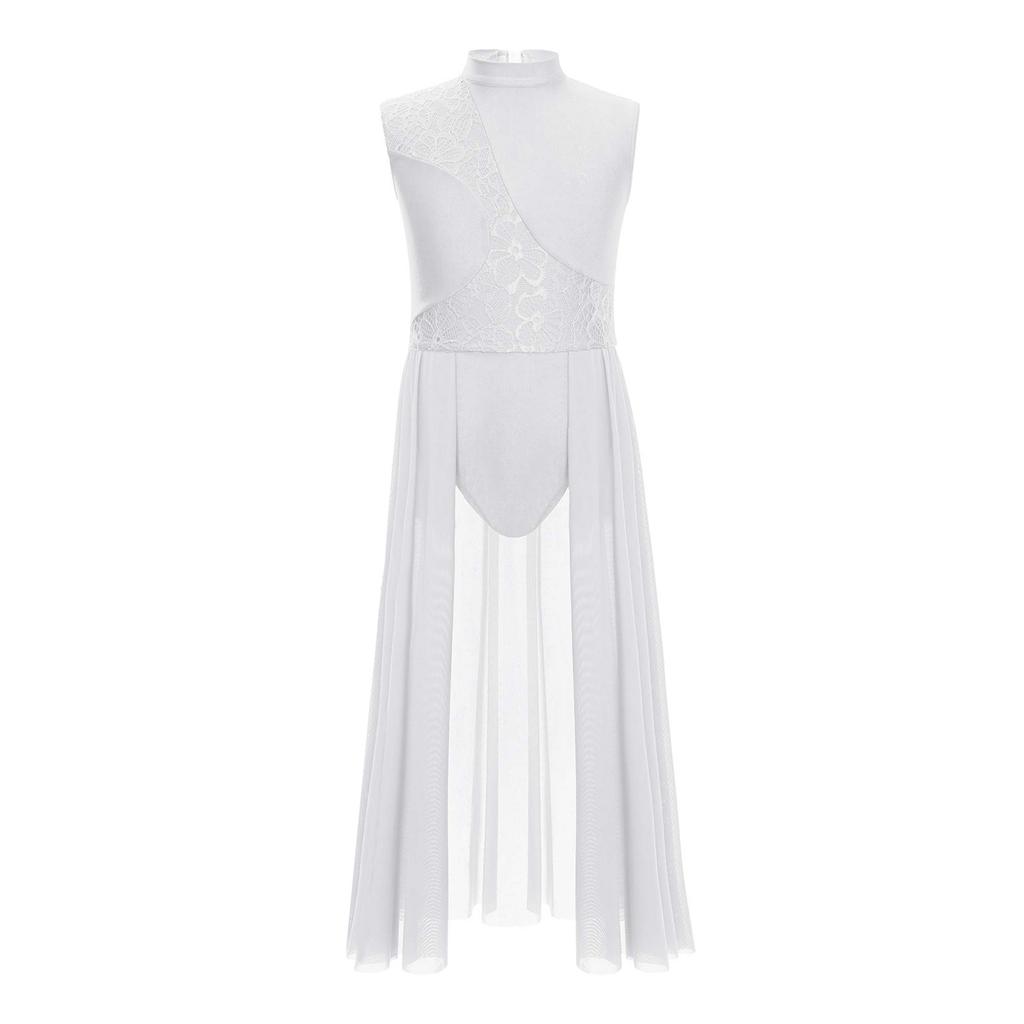 Kinder Mädchen Lyrisches Tanzkleid mit floralem Spitzen-Patchwork: Elegantes Stehkragen- und Cut-out-Rückendesign für Bühnenauftritte