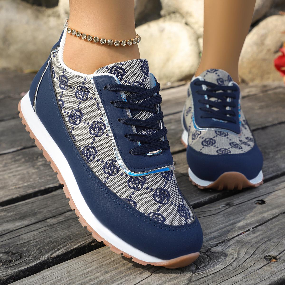 

Printed Splicing Lace Up Sneakers Women 2025 Autumn Round Toe Wedge Heel Shoes Soft Sole Non Slip Running Sneakers 42 синий
