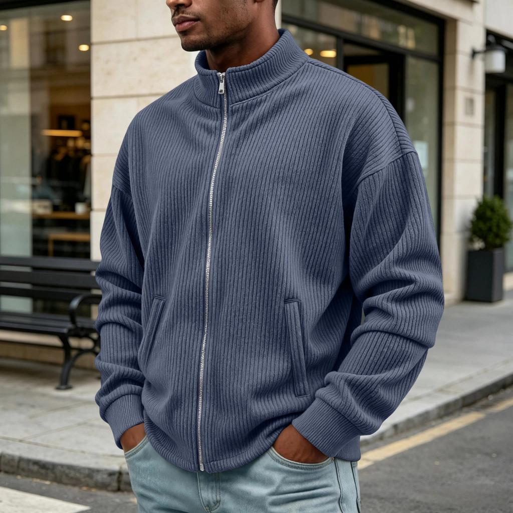 Men's Retro Corduroy Zip Cardigan with Two Pockets Casual Sweater