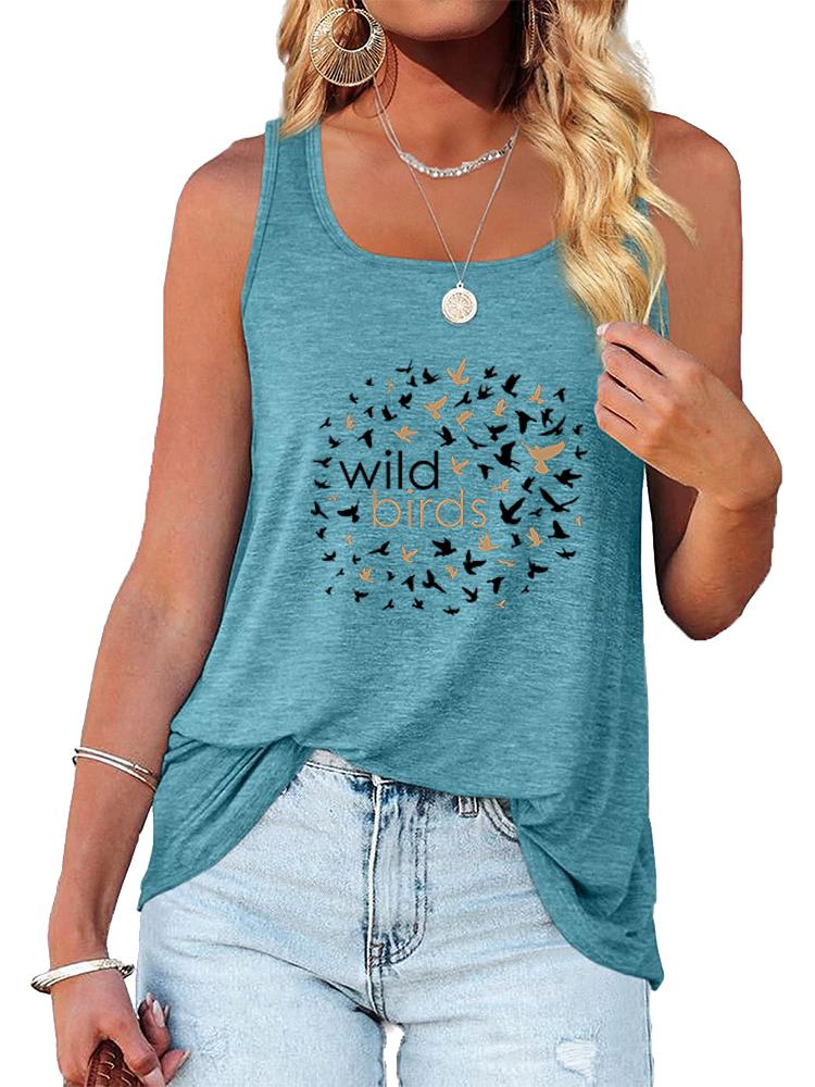 Women Fashion Print Sleeveless Top Summer Casual Round Neck T-shirt Pullover Loose Ladies Round Neck Tank Top