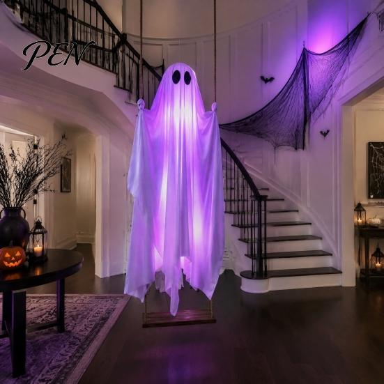 Halloween Partyartikel für Erwachsene Hängende Geisterschaukel Dekoration mit Fernbedienung & LED-Lichterkette, Wasserdichte Gruselige Beleuchtete Veranda Dekoration