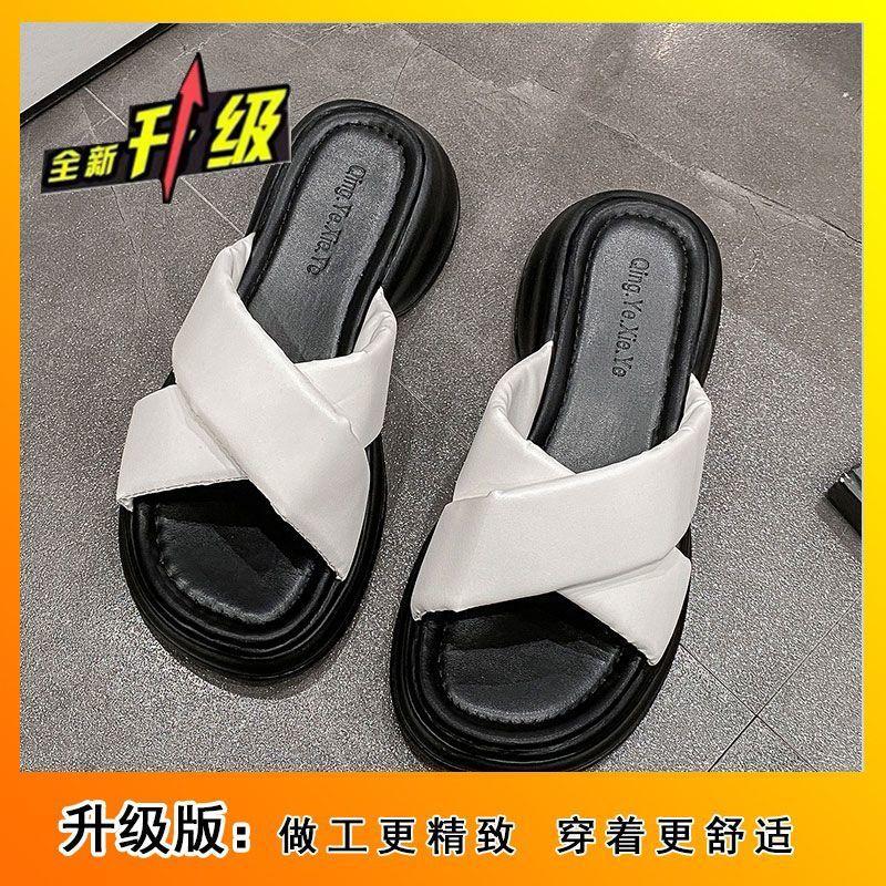 thick-soled cross-over with cool slippers to wear outside 2025 summer new solid color fashion beach silver versatile muffin sandals