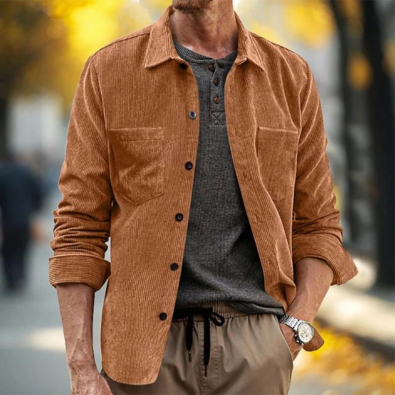 Spring Fall Daily Leisure Mens Shirts Corduroy Solid Color Pockets Button-Up Shirt Jacket Men Streetwear Long Sleeve Shirt