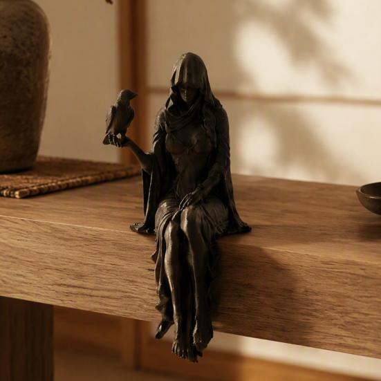 Macabre Desktop Ornament Gothic Raven Shelf Sitter Statue, Hooded Lady Reaper Figurine, 3D Printed Dark Small Resin Statue Bookshelf Edge Sitter,