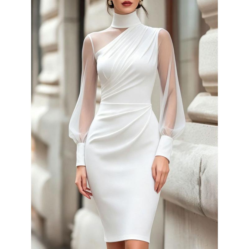 European and American spring and summer elegance temperament high-end satin mesh stitching turtleneck waist hip wrap evening dress dress