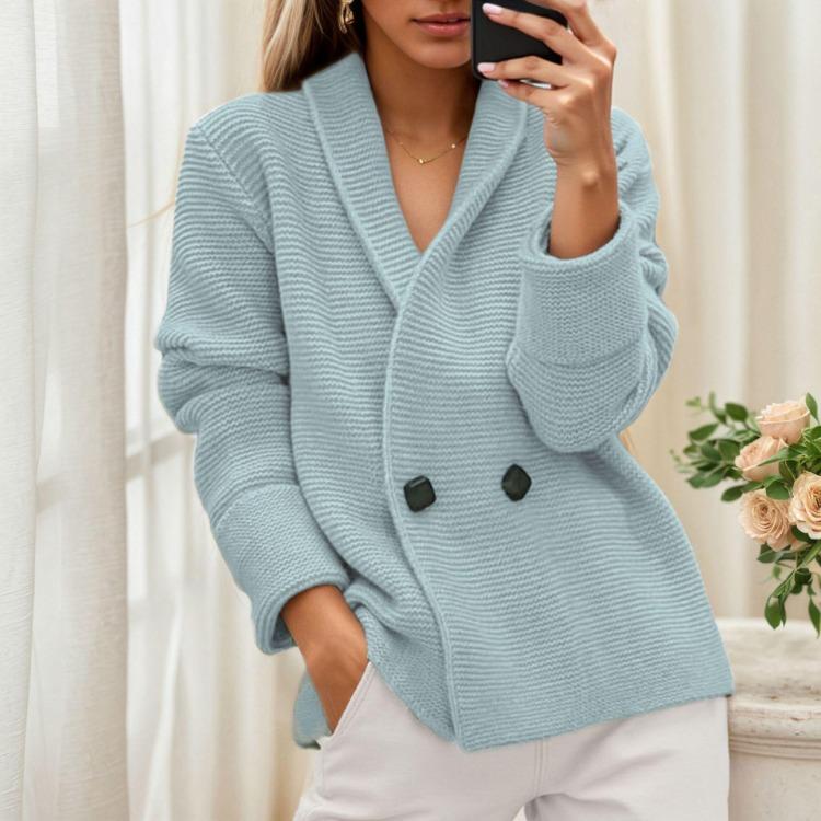 Winter Fall Women Knitted Cardigan Sweater Coat Double Breasted Lapel