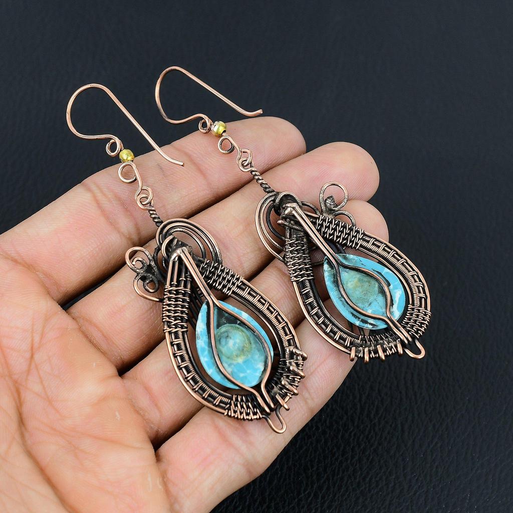 Larimar Edelstein Handgefertigt Reiner Kupferdraht Umwickelte Ohrringe Schmuck Für den Gedenktag