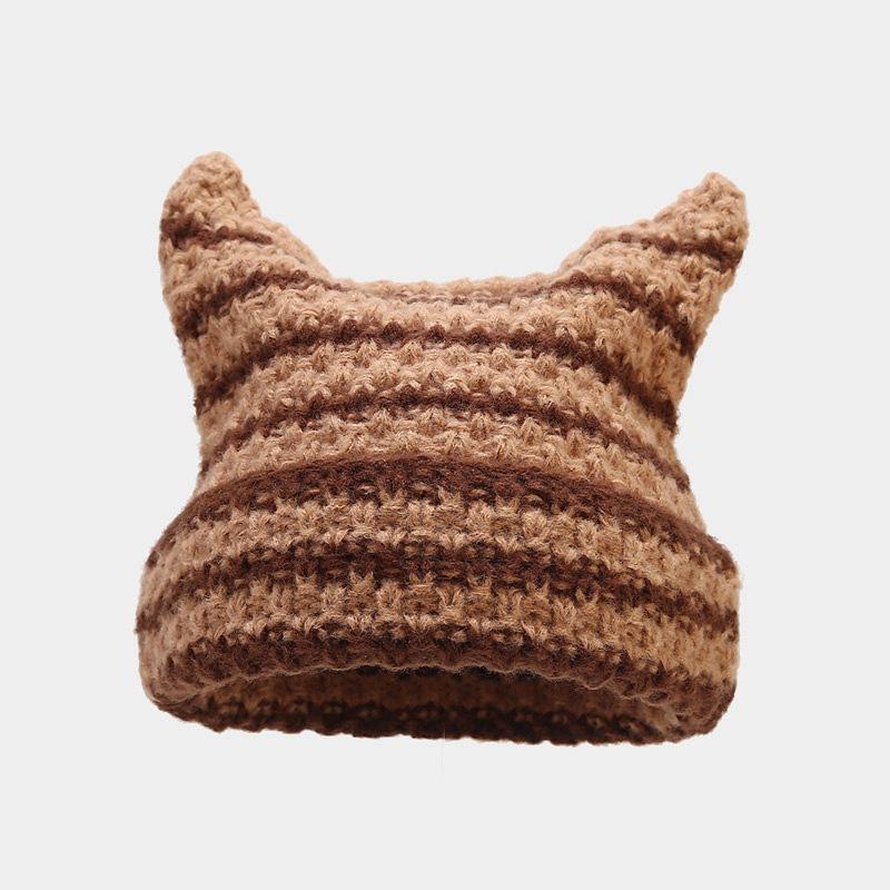 Imp Ear Warm Woolen Cap Female Cute Cat Ears Fashion Striped Knitting Cap Set Head Cap Fashion Hip-hop Cotton Cap Bean Cap