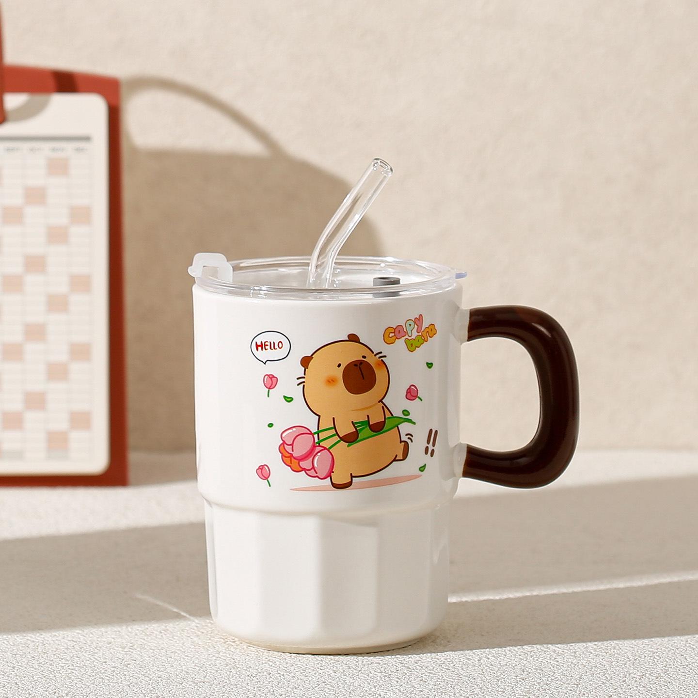 

Capybara Ceramic Mug with Lid & Straw - Perfect for Home, Office, or as a Student Gift With Straw - 480ml