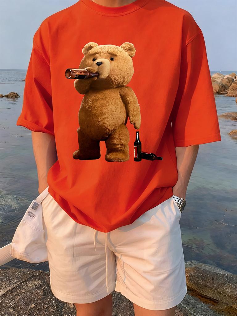 The Melancholic Bear Drinking Printing TShirt Women Cotton Summer T Shirt Comfortable Loose ONeck Tops Street Woman Clothes