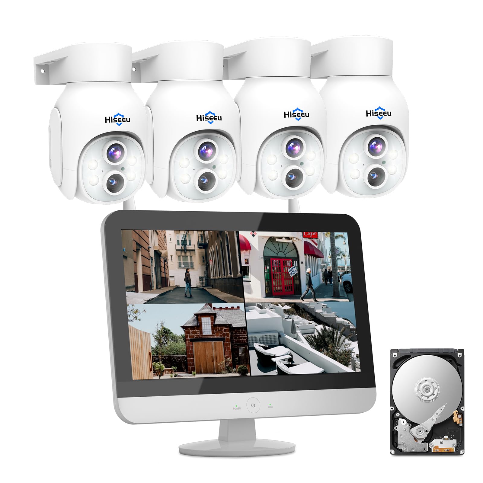 

Hiseeu Wireless Security Cameras with Dual and Set of 4 Wireless Cameras with LCD Monitor and Integrated Expandable to 10 Remote IP66 AI Motion білий