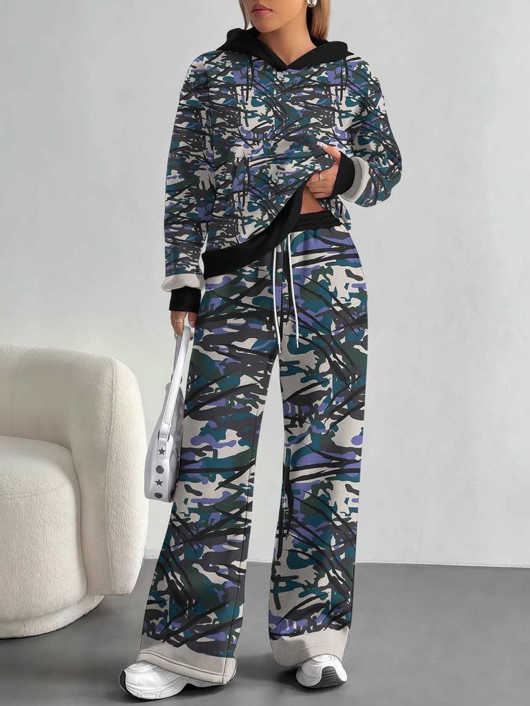 Outdoor Camouflage Style European and American Autumn/winter Casual Long-sleeve Set, Women's Hooded Sweatshirt and Long Pants Two-piece Set