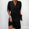 Women's Pleated V Neck Batwing Sleeve Loose Fit Solid Color Casual Tunic Midi Dress