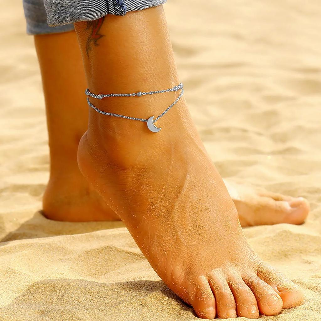 Moon Double-layer Foot Chain Home Fashionable and Simple Foot Accessories Geometric Crescent Moon Beaded Multi-layer Foot Chain