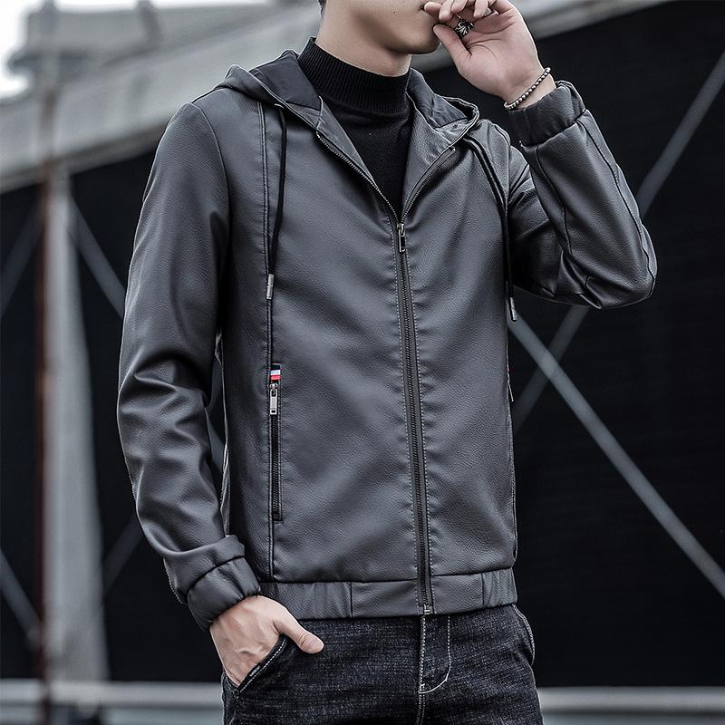Pánská kožená bunda Pu kožená bunda Pánská s kapucí Slim Fit Korejský styl Motocyklová ležérní bunda