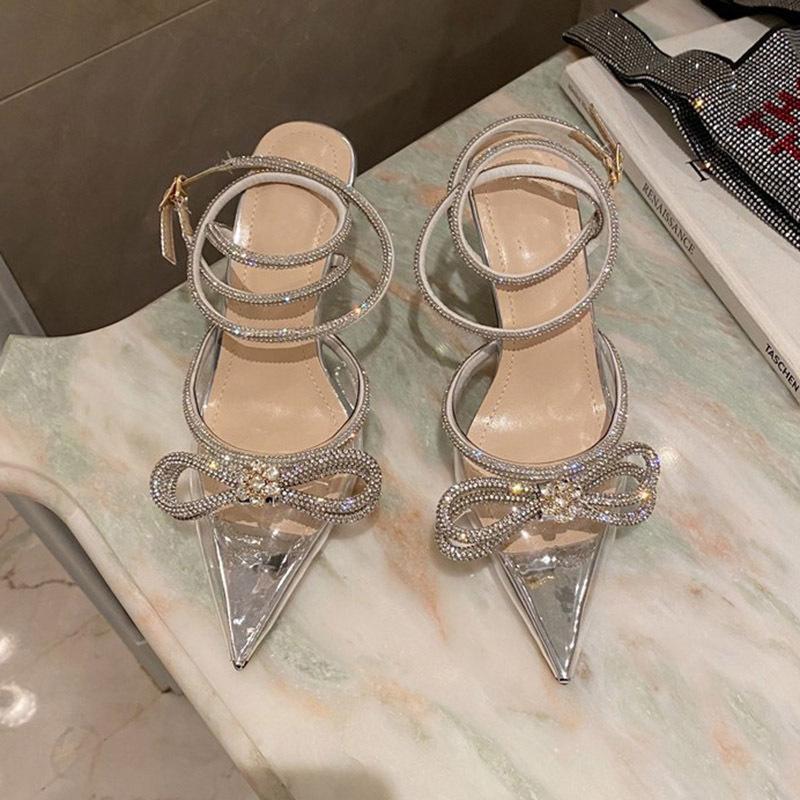 Sandals New Women's Rhinestone Bow Women's Shoes Thin Heel Bag Head French Beautiful Cool High Heels
