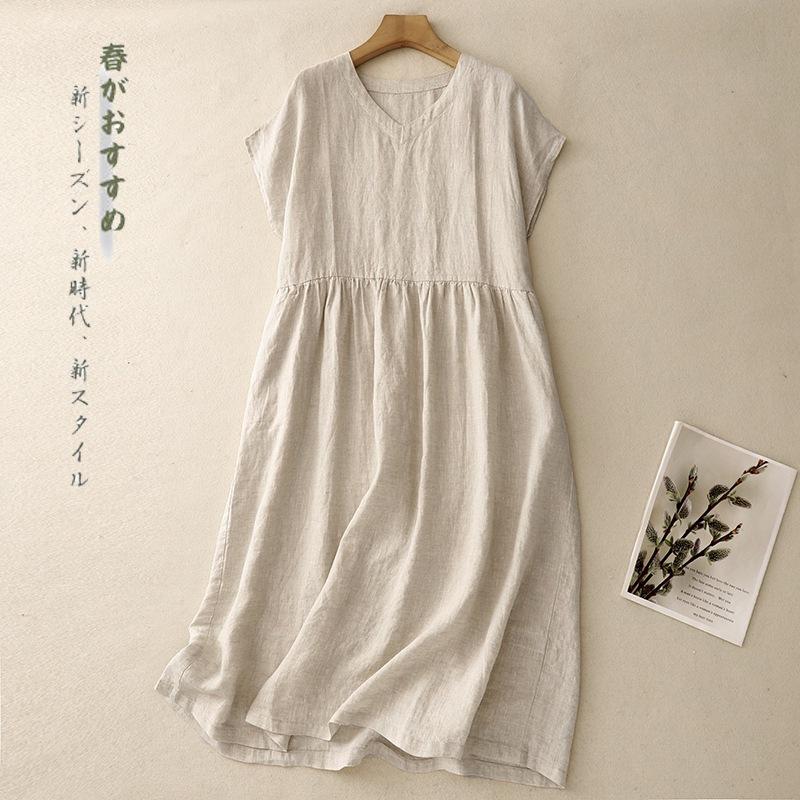 

2025 лето новое простое платье с V-образным вырезом и короткими рукавами из хлопка и льна женское свободное однотонное платье средней длины 2XL льняной