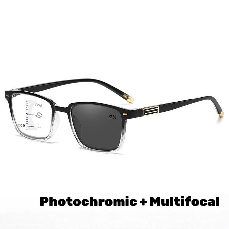 Progressive Multifocales Pochromic Reading Glasses Men's Retro Ultra Light Square Frame Anti Blue Light Eyeglasses Diopter