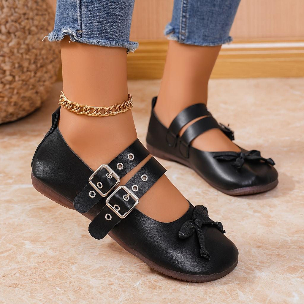 New Large-sized Belt-buckle Round-toe Flat Single Shoes with A Bow, Shallow Opening, Breathable, and Lazy Boat Shoes