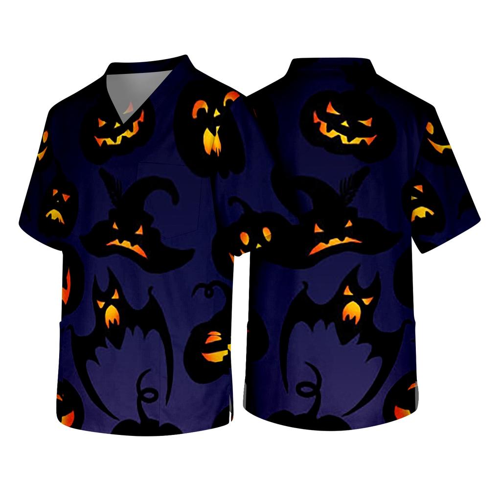 Men's Short Sleeve V Neck Halloween Print Medical Scrub Top with Chest Pocket Suitable for Healthcare Professionals and Caregivers