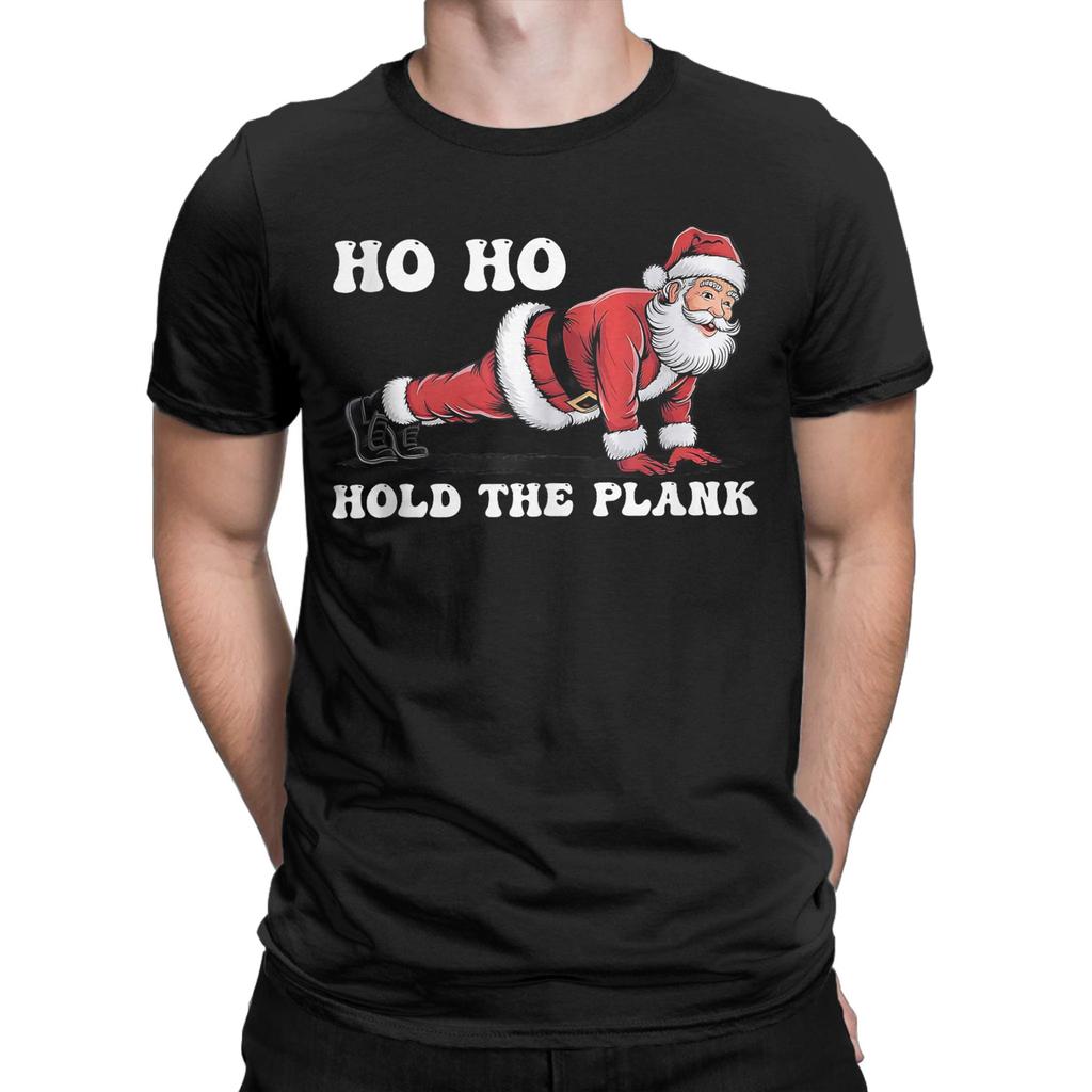 Men T-Shirts Ho Ho Hold The Plank Santa Workout Funny Christmas Vintage Cotton Tees Short Sleeve T Shirt Round Collar Tops