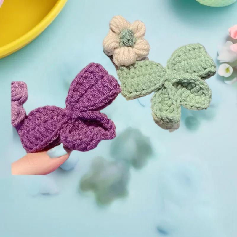 4Pcs Cute Knit BB Hair Clips, Handmade Flower Border Clips,Bow Bang Clips For Kids,Suitable For Chrismas Festival Celebration