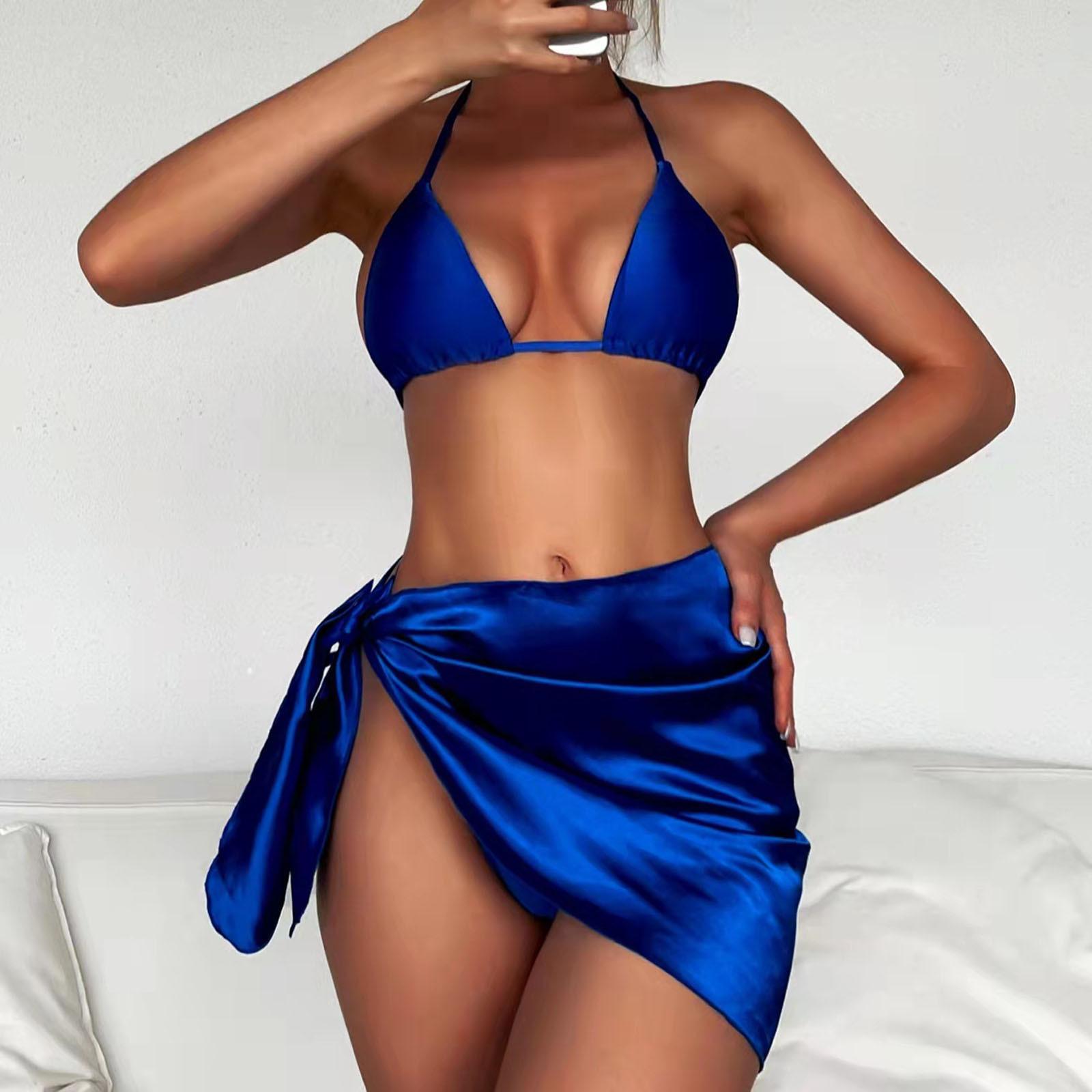 

Женский сексуальный блестящий Бандажный купальник 3-piece Купальный костюм Ретро Бикини Комплект L синий
