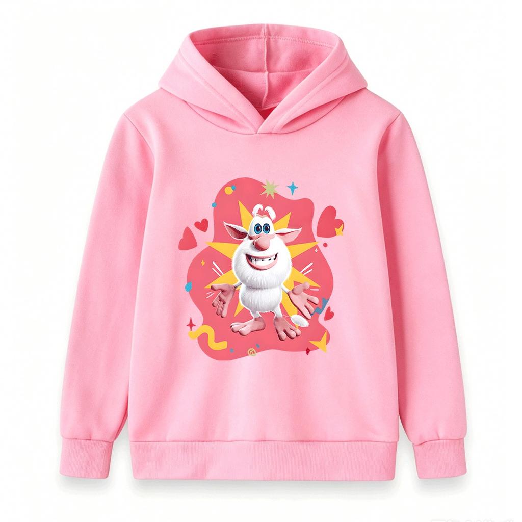 Kids Boys Girls Cartoon White Fluffy Creature Printed Hoodie, Casual Long Sleeve Pullover Sweatshirt with Heart Star Pattern, Comfortable Tops