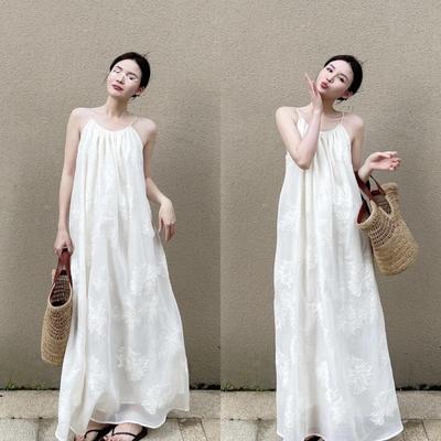 Elegant 3D Embroidered Ramie Suspender Dress - New Chinese Style