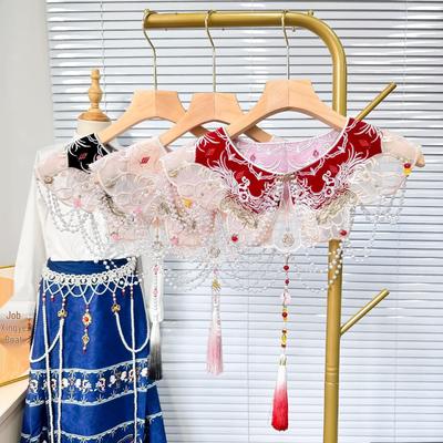 Red Cloud Shoulder Embroidered Hanfu Dress with Horse Face Skirt and Floral Collar