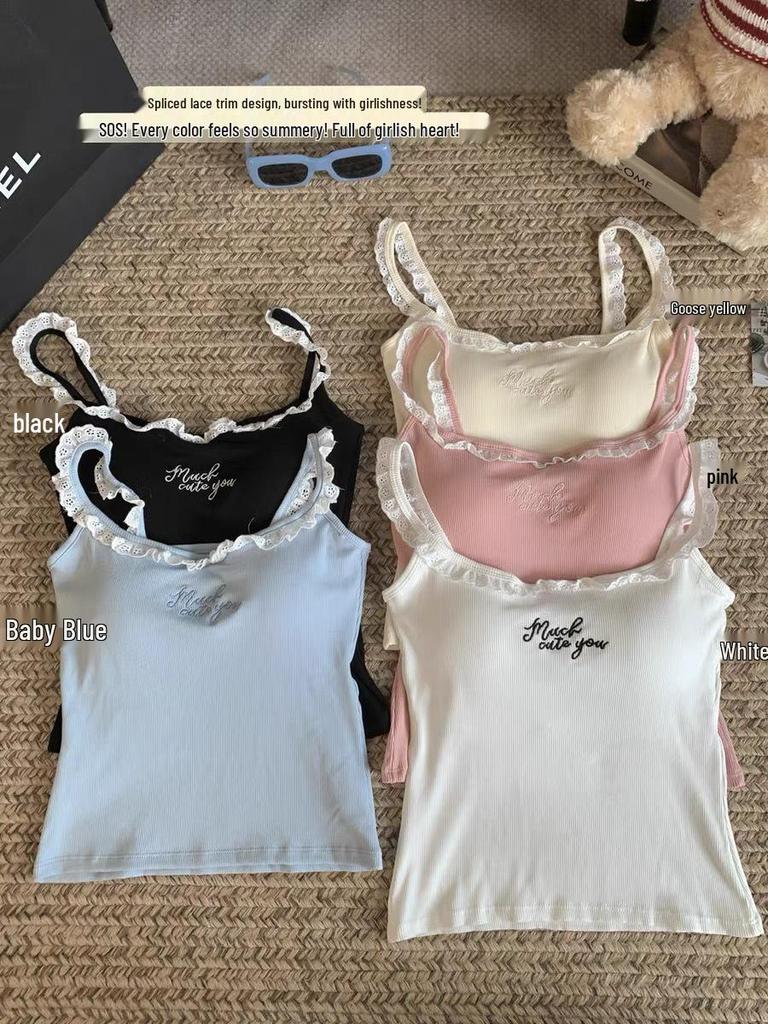 Pleated Camisole Top for Women with Chest Pads, Spicy Girl Embroidery, Lace Trim, Slim Fit, Inner/Outer Wear