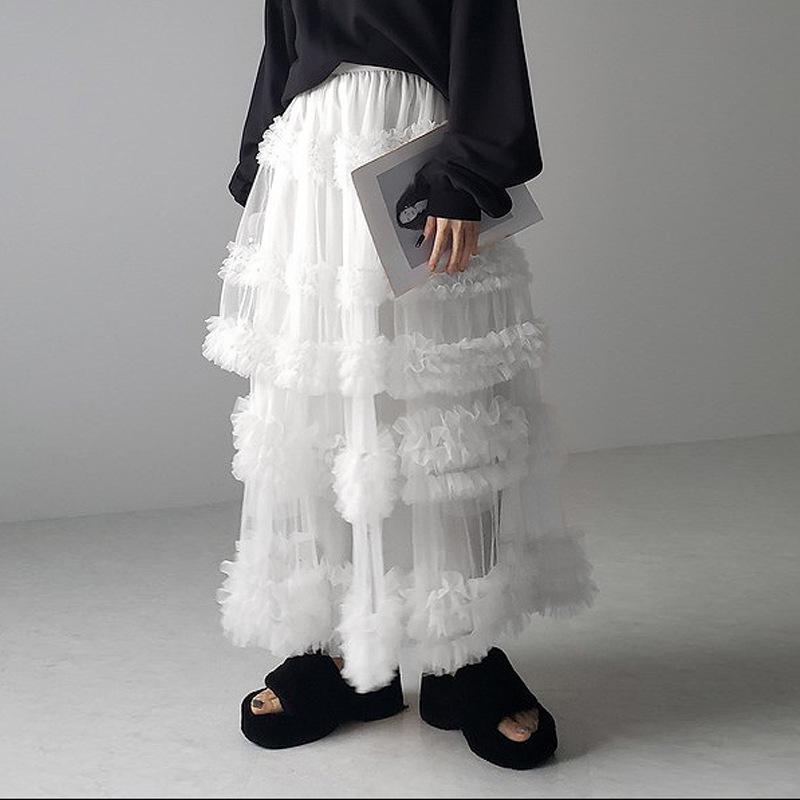 Japanese Style Spring/Summer Women's A-Line Midi Skirt with Anti-Exposure Hand-Stitched Three-Layer Net Yarn