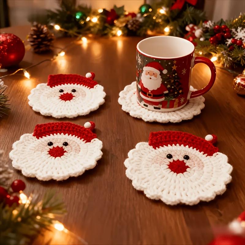 Christmas Santa Claus Crochet Coasters Handmade Drink Coasters for Holiday Table Setting and Home Decor