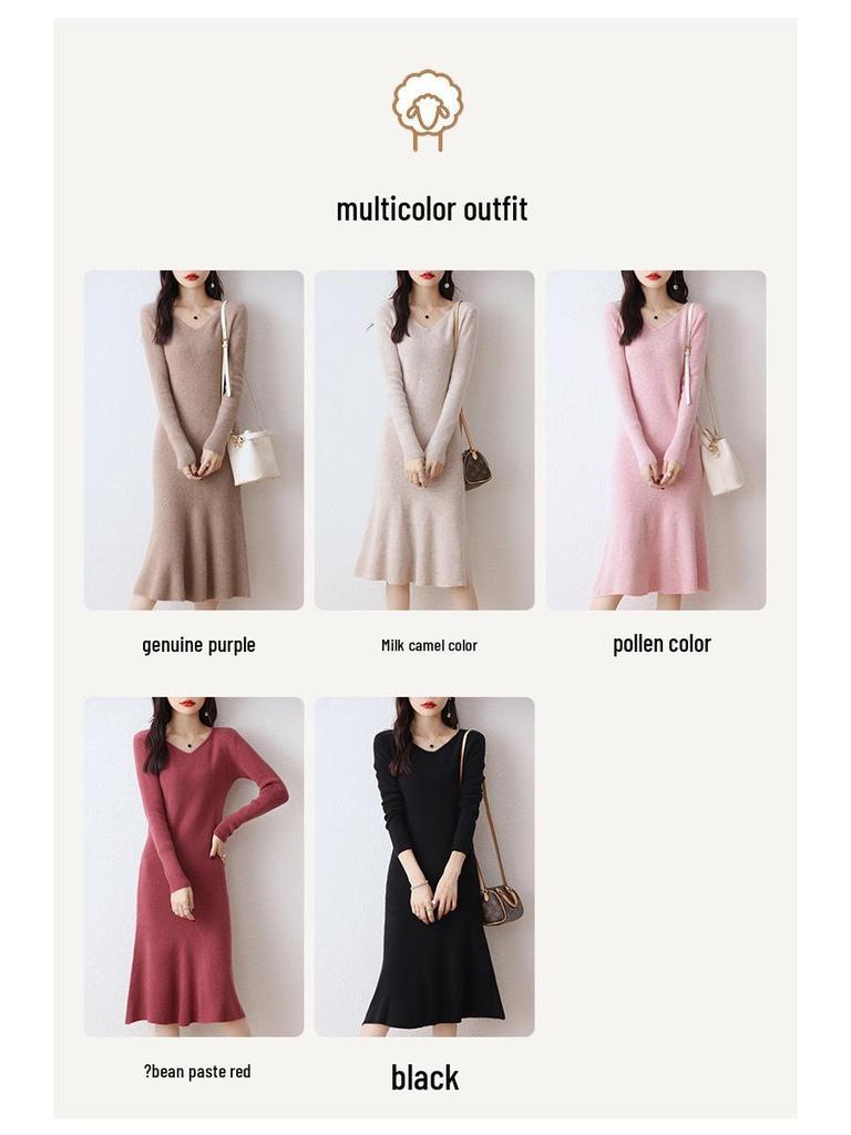 V-Neck Wool-Cashmere Sweater Dress for Women - Slim Fit, Mid-Length, Over-the-Knee, Autumn/Winter Style
