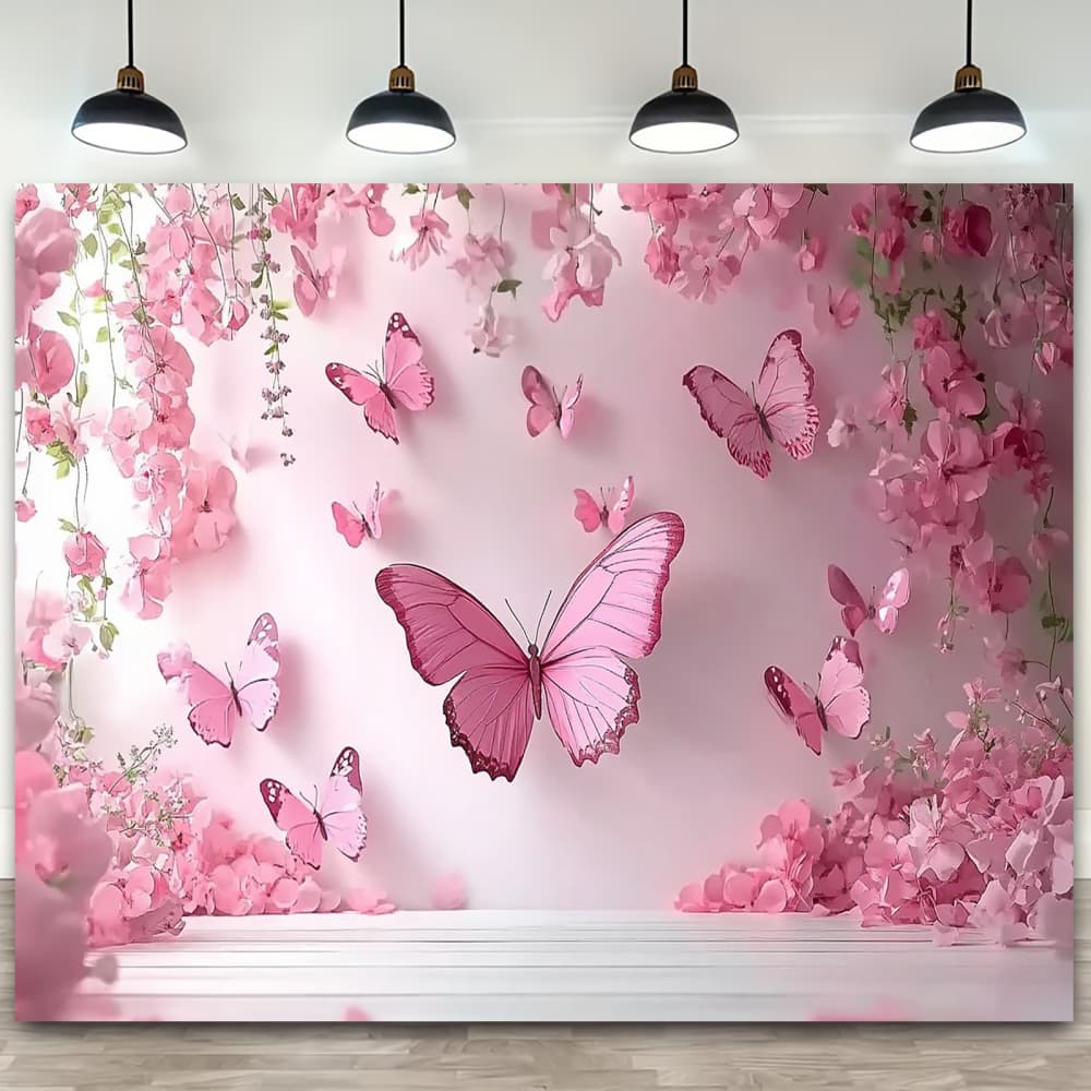 1Pcs Elegant Pink Floral Butterfly Wall Decoration Background Birthday Backdrop Decorations For Photo Studio Photo Booth Party