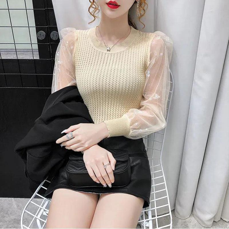 Women's Spring and Autumn Long Sleeve Puff Sleeve Bottoming Shirt Round Neck Slim Top