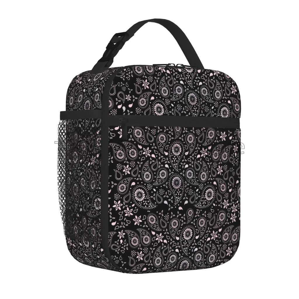 Red Black Paisley Mandala Lunch Box Portable Insulated Lunch Bag Reusable Cooler Tote Bag for Women Men Work Picnic Beach Hiking