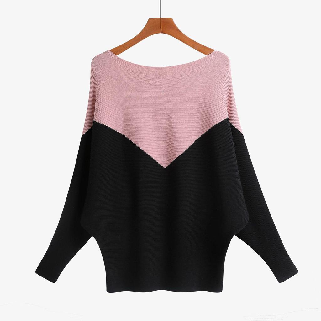 Off-the-Shoulder Women's Batwing Sweater – Plus Size Color Block Patchwork Pullover