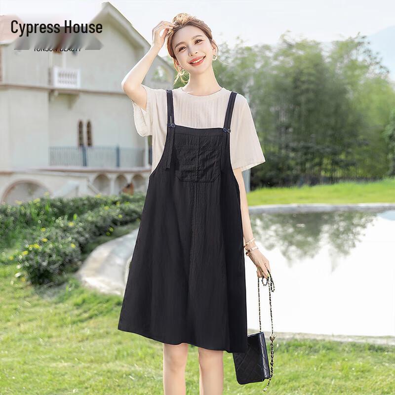Women s Casual Short Sleeve Faux Two-Piece Spliced Dress M