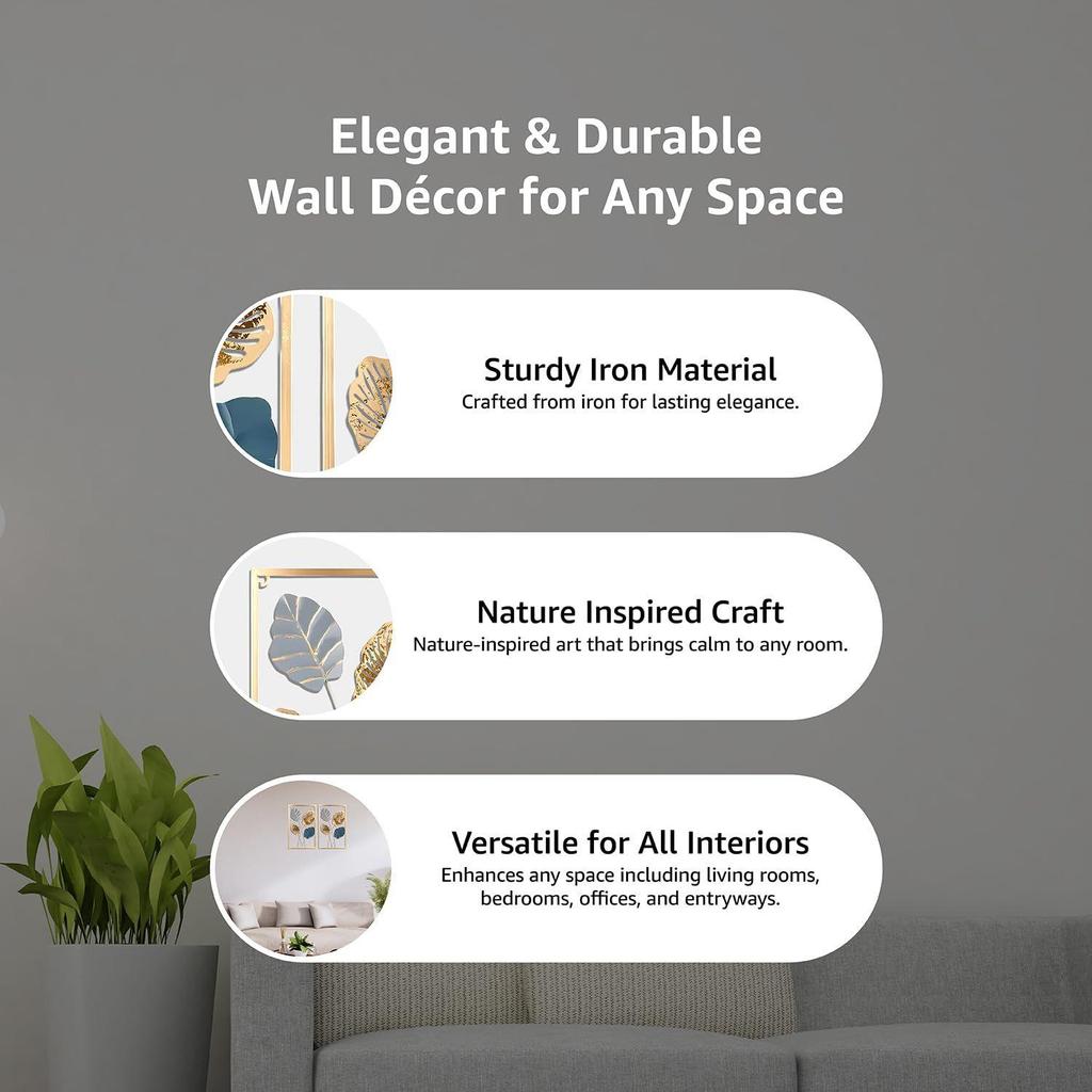 Gold Metal Wall Art Decor for Living Room | Elegant Iron Wall Hanging |  Wall Hanging | Wall Décor | Easy Installation | 42 x 28 cm Each | Set of 2