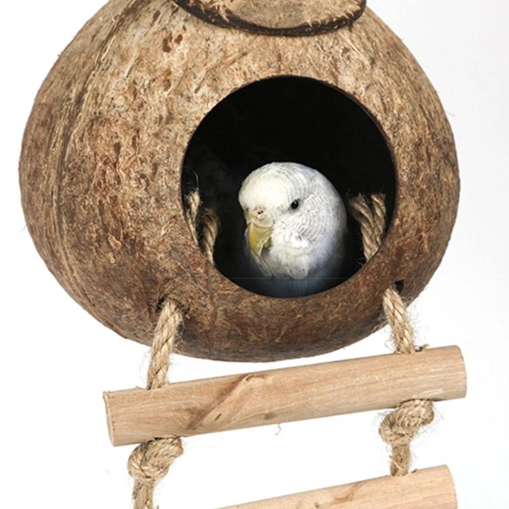 Coconut Bird Nest Hut With Ladder Hanging,Hanging Coconut Bird House Parrot Hideout Bird Cage For Lovebird Pigeons Pet Supplies