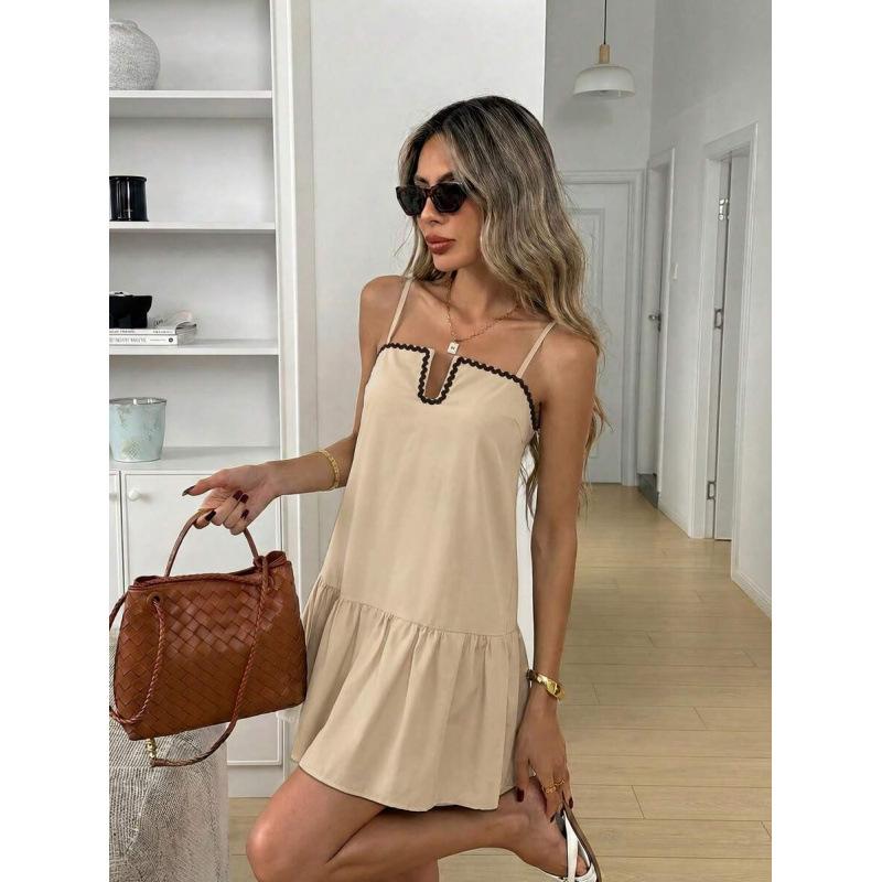European and American summer color matching ruffle A word casual loose elegant retro vacation dress women