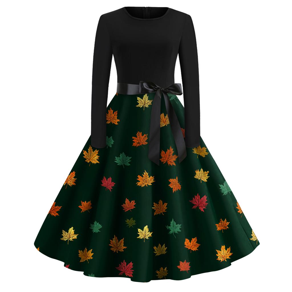 Damenmode Rundhals Lässig Slim Fit Weihnachtsdruck Weit schwingendes Langarmkleid