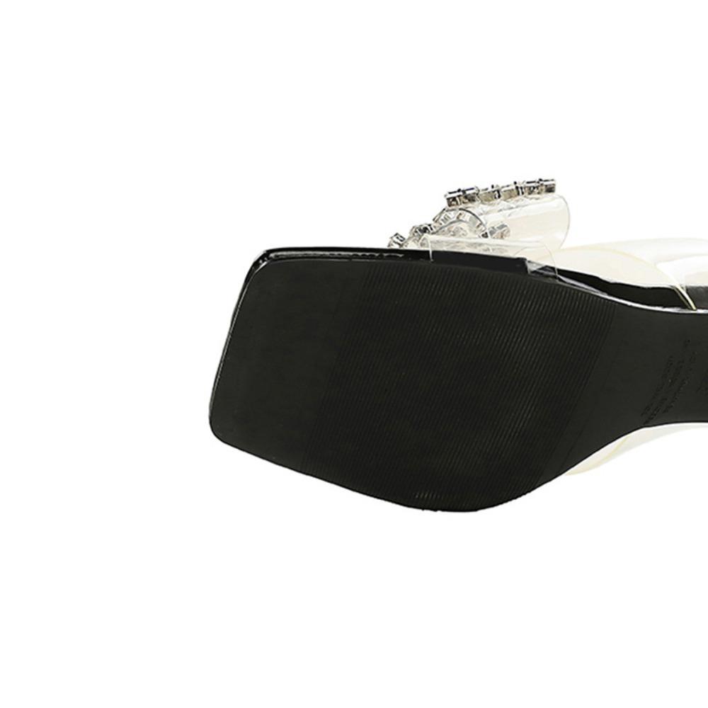 Women European Clear PVC Rhinestone Butterfly Slide Mules, Square Open Toe Sexy Slip On Thin Stiletto Heels DS-1927-H157