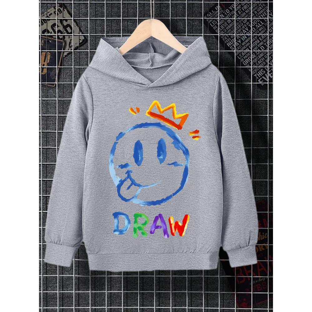 

A Casual And Simple Grey Hooded Sweatshirt For Boys With A Smiling Face Graffiti Pattern Print, Suitable For Daily Outings 100